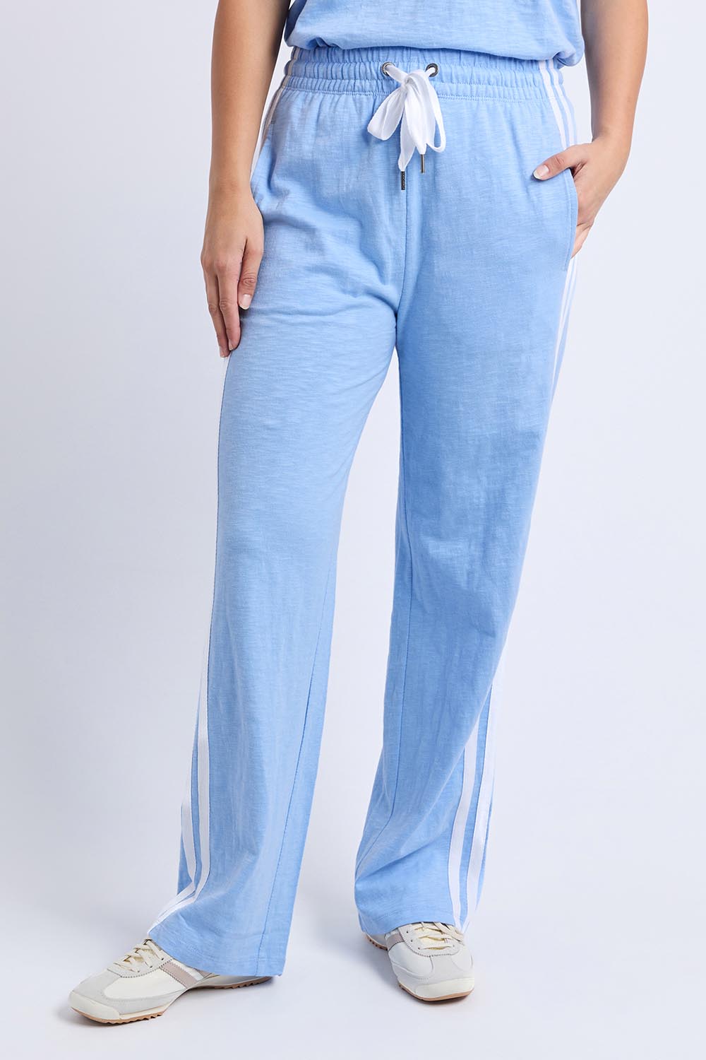 A model wearing the Leisure Power Cotton Pant in colour Blue (Blue), from the front, cropped image