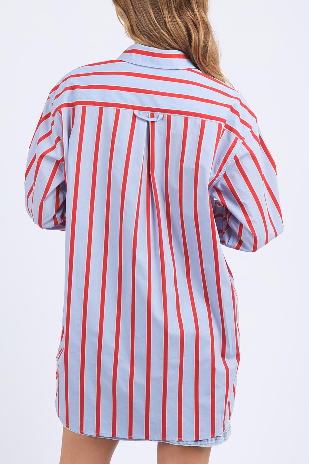 A model wearing the Leisure Stripe Cotton Blend Shirt in colour Bluered (Blue), from the back