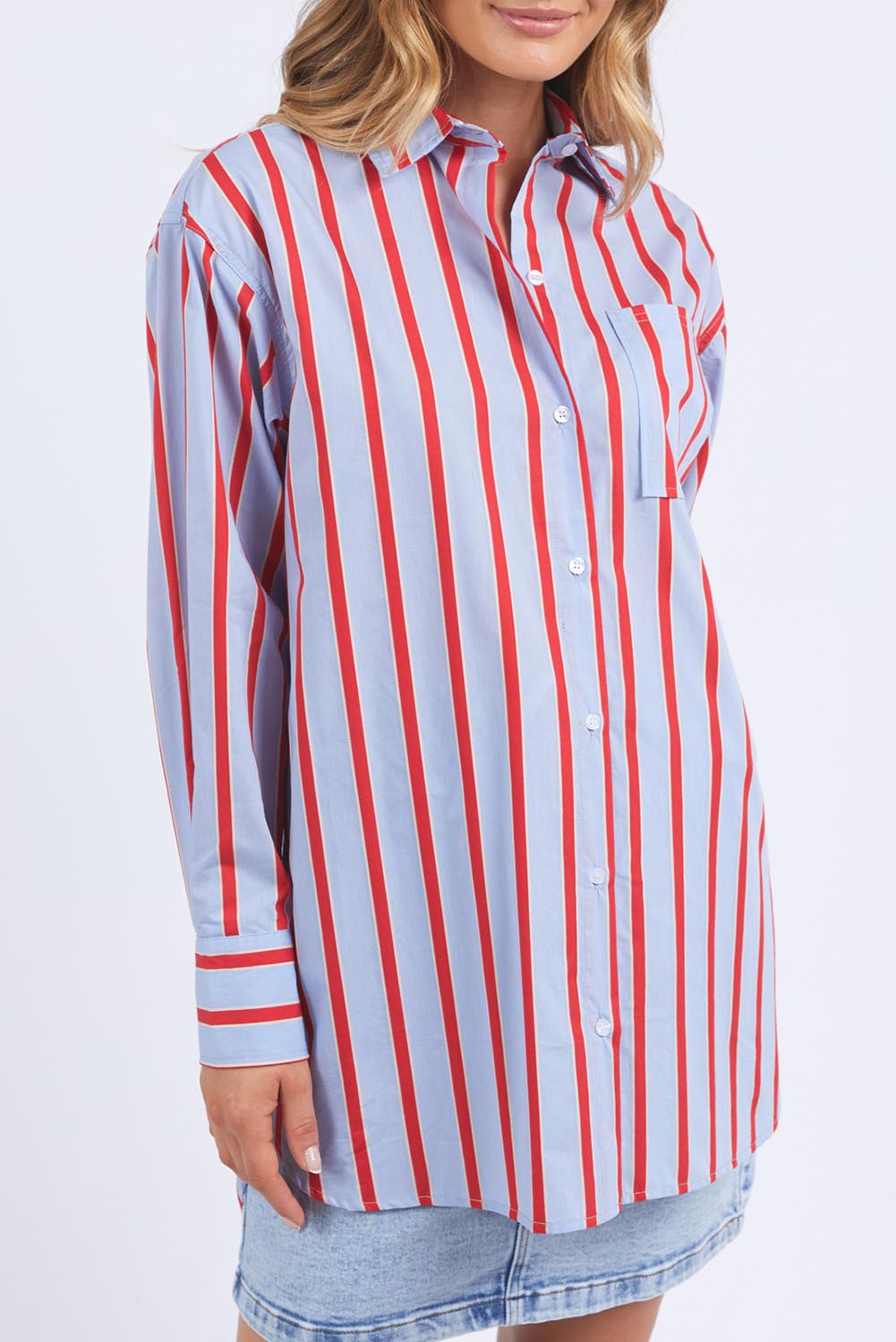 A model wearing the Leisure Stripe Cotton Blend Shirt in colour Bluered (Blue), from the front, cropped image