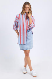 A model wearing the Leisure Stripe Cotton Blend Shirt in colour Bluered (Blue), from the front, showing the whole outfit
