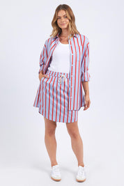 A model wearing the Leisure Stripe Cotton Blend Shirt in colour Bluered (Blue), from the front, showing the whole outfit