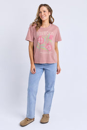 A model wearing the Pomegranate Cotton Tee in colour Ashrose (Pink), from the front, showing the whole outfit