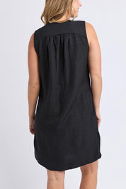 A model wearing the Anara Linen Blend Dress in colour Black (Black), from the back