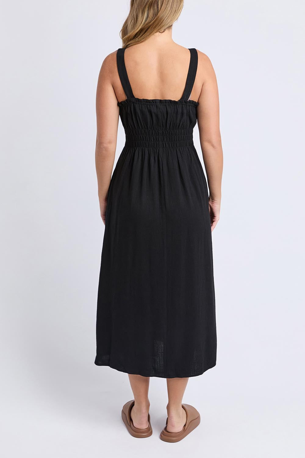 A model wearing the Dandelion Cotton Blend Dress in colour Black (Black), from the back