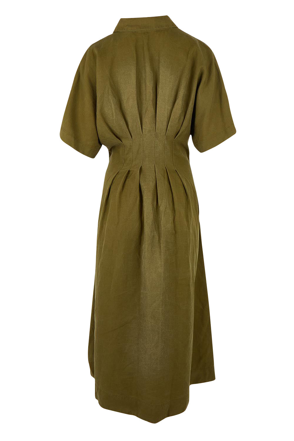 Product shot of the Marbella Dress in colour Wintermoss (Green), from the back