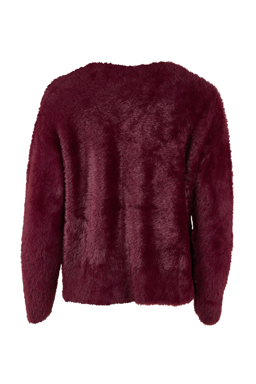 Product shot of the Kenny Button Cardi in colour Windwine (Red), from the back