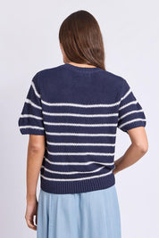 Model Genericm wearing size sample of the Blair Stripe Short Sleeve Knit – Whitestrip in colour Whitestrip, from the back