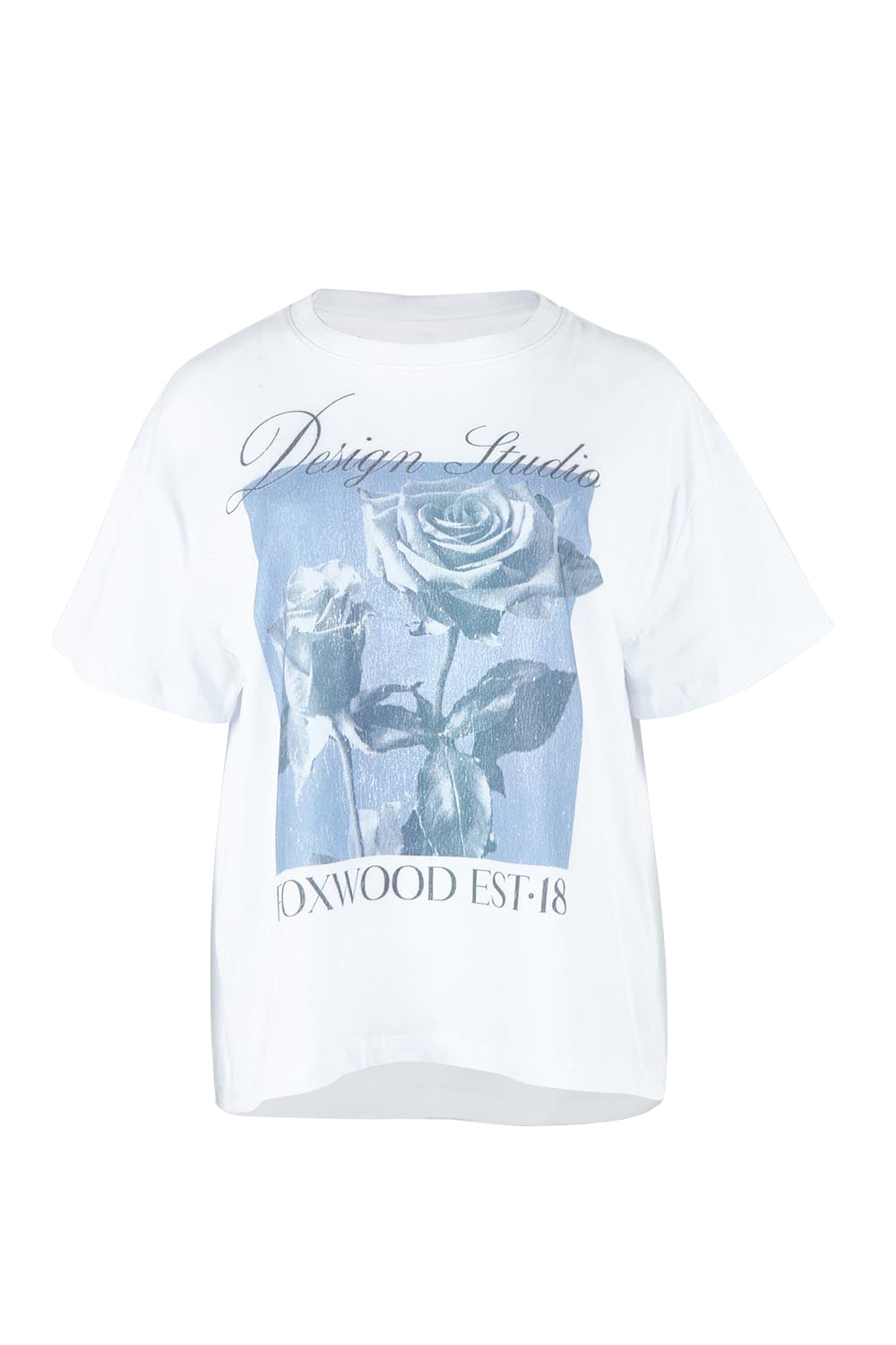 Product shot of the Studio Rose Tee – White in colour White, from the front