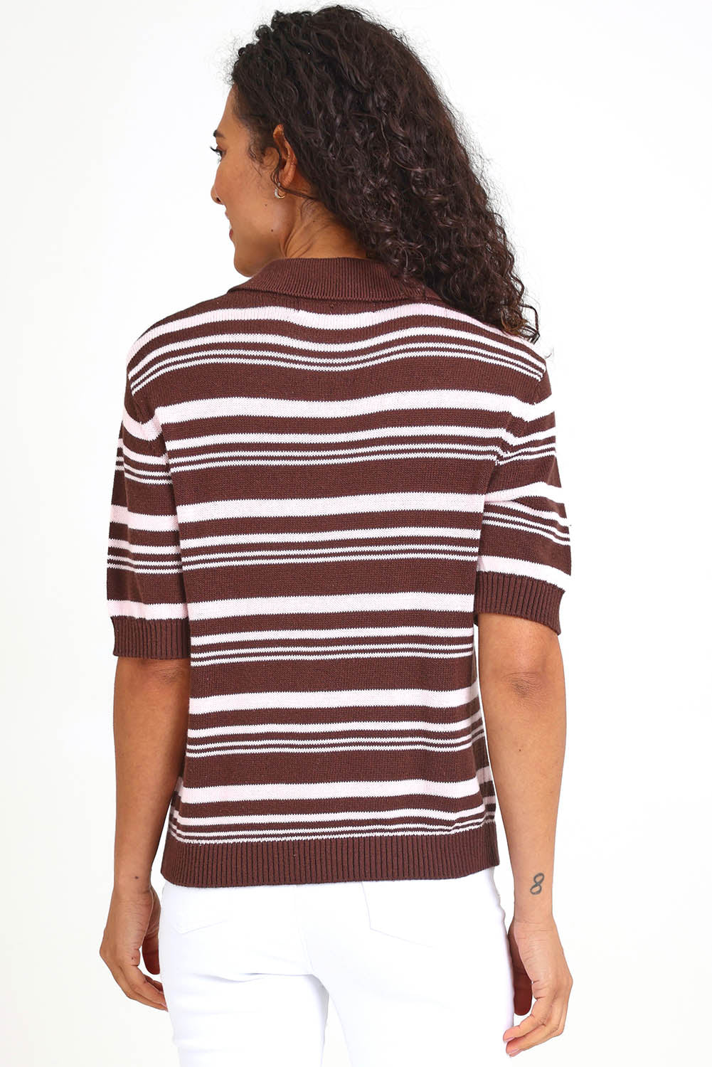 Model Pamelar wearing size 10 of the Rise Stripe Top – Chocolate in colour Chocolate, from the back