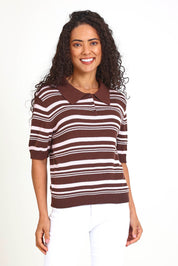 Model Pamelar wearing size 10 of the Rise Stripe Top – Chocolate in colour Chocolate, in a cropped view