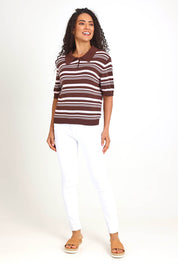 Model Pamelar wearing size 10 of the Rise Stripe Top – Chocolate in colour Chocolate, from the front