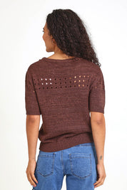 Model Pamelar wearing size 10 of the Sable Knit Top – Chocolate in colour Chocolate, from the back