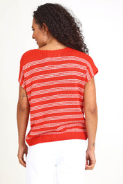 Model Pamelar wearing size 10 of the Cleo Knit Top – Grenadine in colour Grenadine, from an angle
