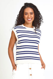 Model Pamelar wearing size 10 of the Flint Stripe Top – Vinwhite in colour Vinwhite, in a cropped view