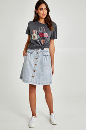 Model Madeline wearing size 10 of the Amanda Skirt in colour Lightblue (Blue), from the front, showing the whole outfit