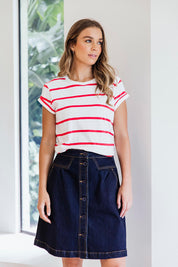 A model wearing the Elements Amanda Skirt in colour Indigoden (Blue), from the front, showing the whole outfit