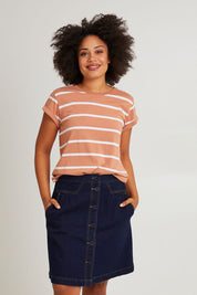Model Olivia wearing size 10 of the Elements Amanda Skirt in colour Indigoden (Blue), from the front, cropped image