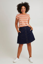 Model Olivia wearing size 10 of the Elements Amanda Skirt in colour Indigoden (Blue), from the front, showing the whole outfit