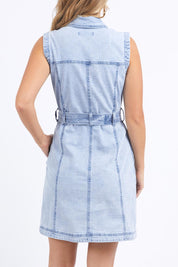 A model wearing the Sleeveless Talbert Denim Dress in colour Lightblue (Blue), from the back