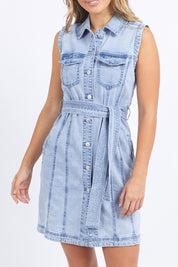 A model wearing the Sleeveless Talbert Denim Dress in colour Lightblue (Blue), from the front, cropped image
