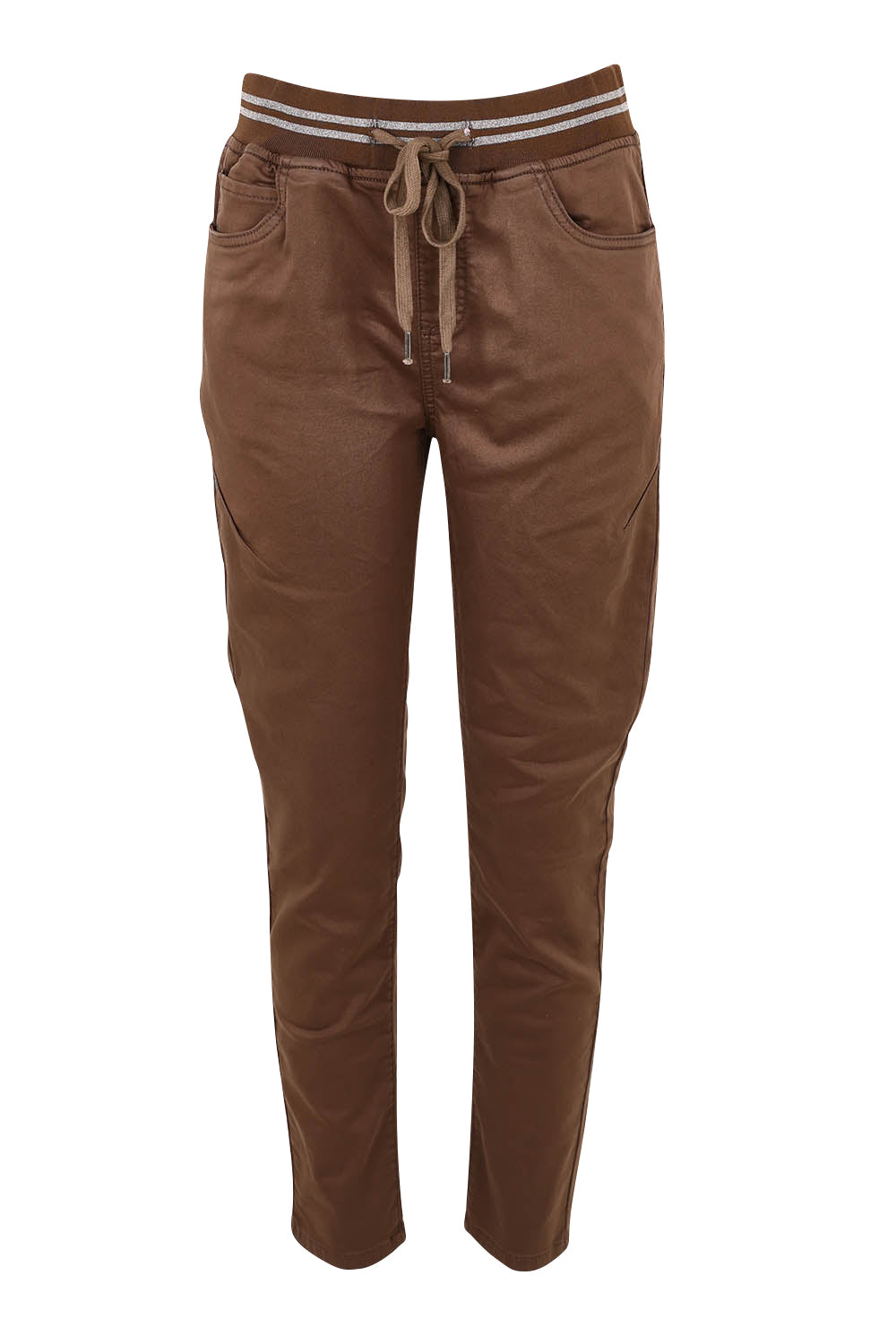 Product shot of the Elements Sylvia Cotton Blend Jogger in colour Chocolate, from the front