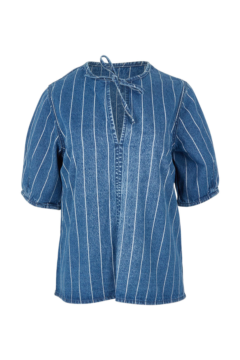 Product shot of the Tivoli Denim Top in colour Midblue (Blue), from the front