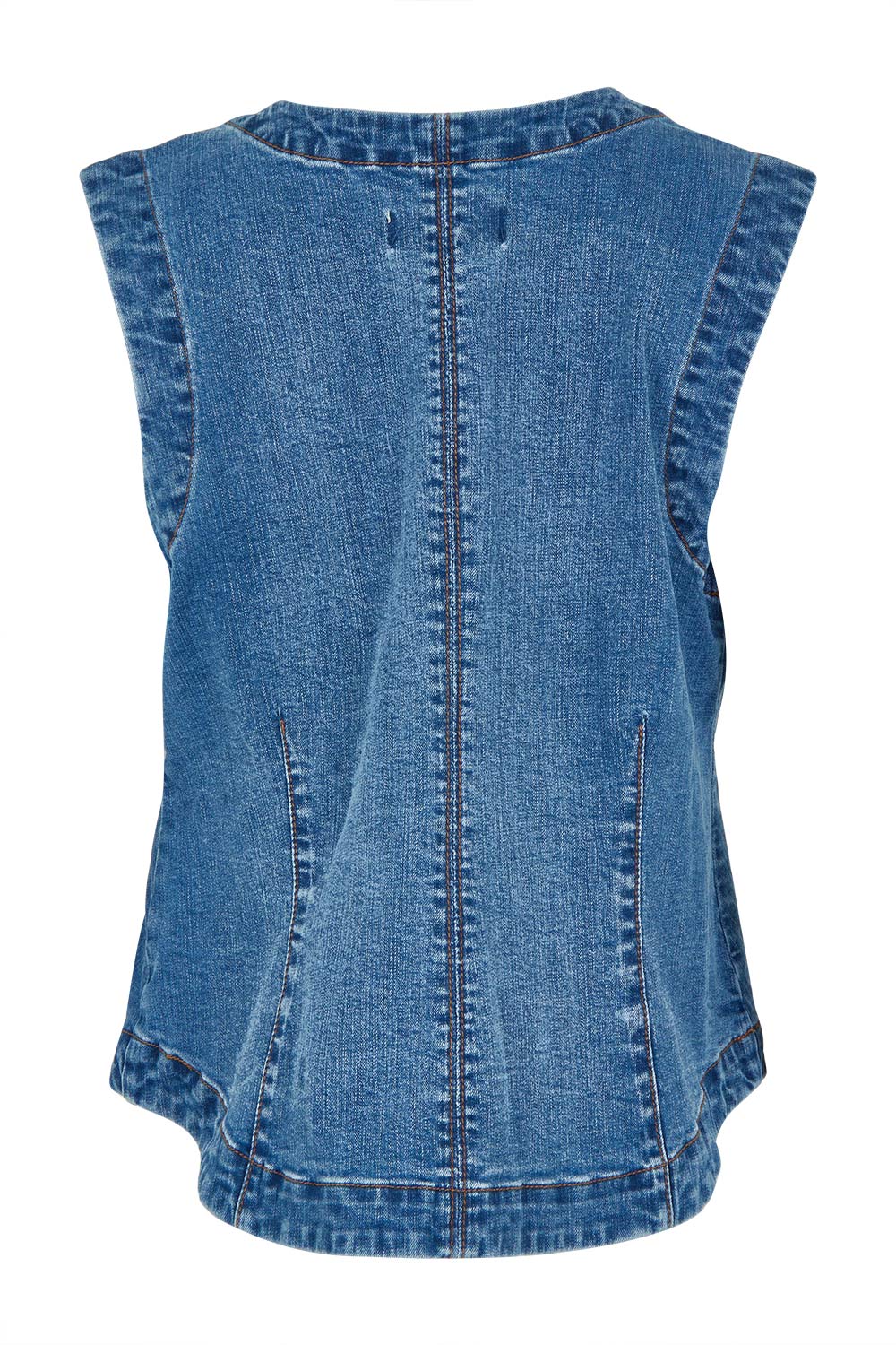Product shot of the Abbott Denim Vest in colour Midblue (Blue), from the back