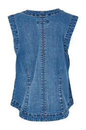 Product shot of the Abbott Denim Vest in colour Midblue (Blue), from the back