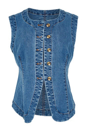 Product shot of the Abbott Denim Vest in colour Midblue (Blue), from the front