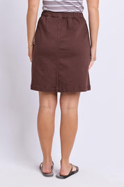 Model Genericm wearing size sample of the Elements Amanda Denim Skirt – Chocolate in colour Chocolate, from the front