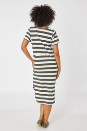 Model Olivia wearing size 10 of the Elements Bayley Dress in colour Khakstripe (White), from the back