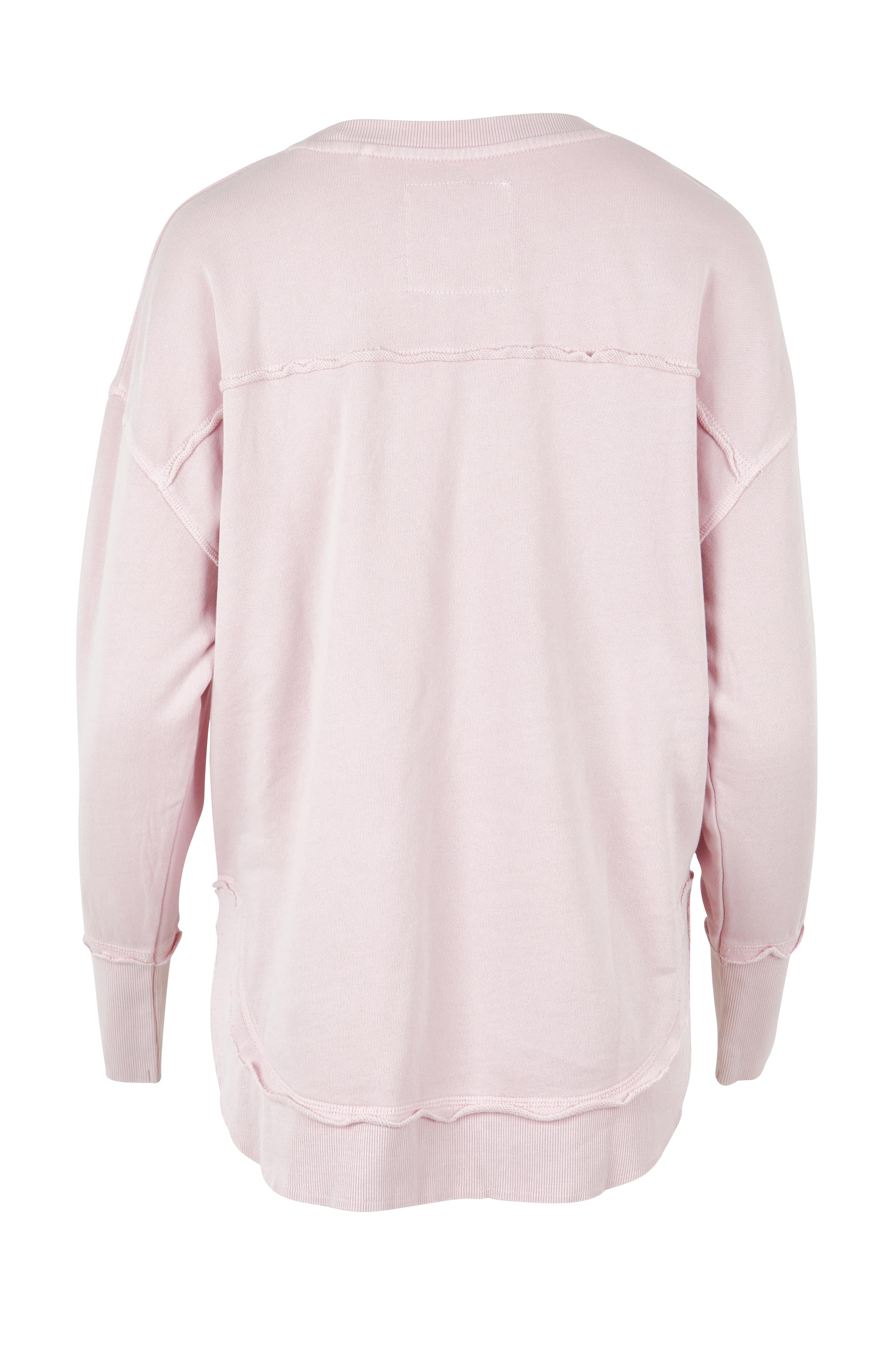Product shot of the Elements Simplified Cotton Crew in colour Blossom (Pink), from the back