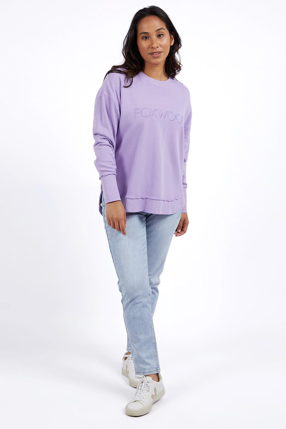 A model wearing the Elements Simplified Cotton Crew in colour Lavender (Purple), from the front, showing the whole outfit