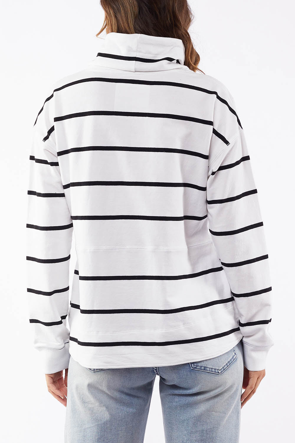 A model wearing the Elements Stripe Funnel Crew in colour Stripe (White), from the back