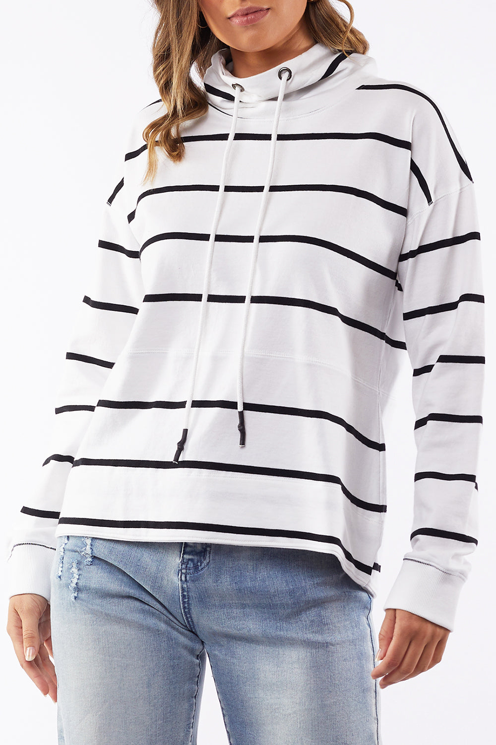 A model wearing the Elements Stripe Funnel Crew in colour Stripe (White), from the front, cropped image