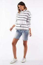 A model wearing the Elements Stripe Funnel Crew in colour Stripe (White), from the front, showing the whole outfit