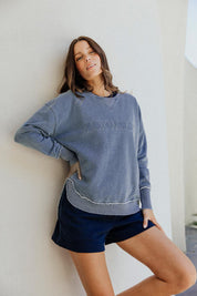 A model wearing the Elements Washed Simplified Crew in colour Blue (Blue), from the front, cropped image