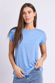 Model Genericm wearing size sample of the Elements Manly Cotton Tee - Cornflower in colour Cornflower, in a cropped view