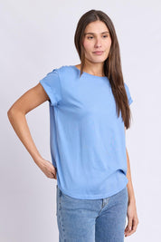 Model Genericm wearing size sample of the Elements Manly Cotton Tee - Cornflower in colour Cornflower, in a cropped view