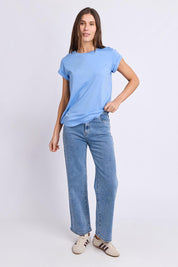 Model Genericm wearing size sample of the Elements Manly Cotton Tee - Cornflower in colour Cornflower, from the front