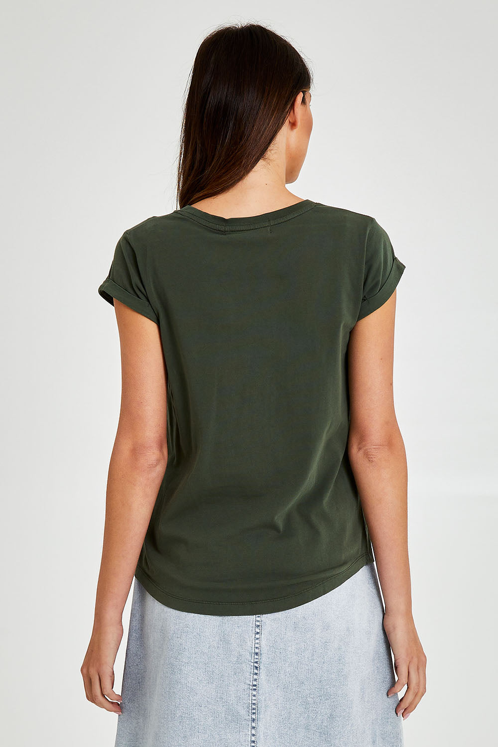 Model Madeline wearing size 10 of the Elements Manly Cotton Tee in colour Khaki (Green), from the back