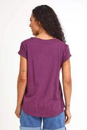 Model Pamelar wearing size 10 of the Elements Manly Cotton Tee – Plum in colour Plum, from the back