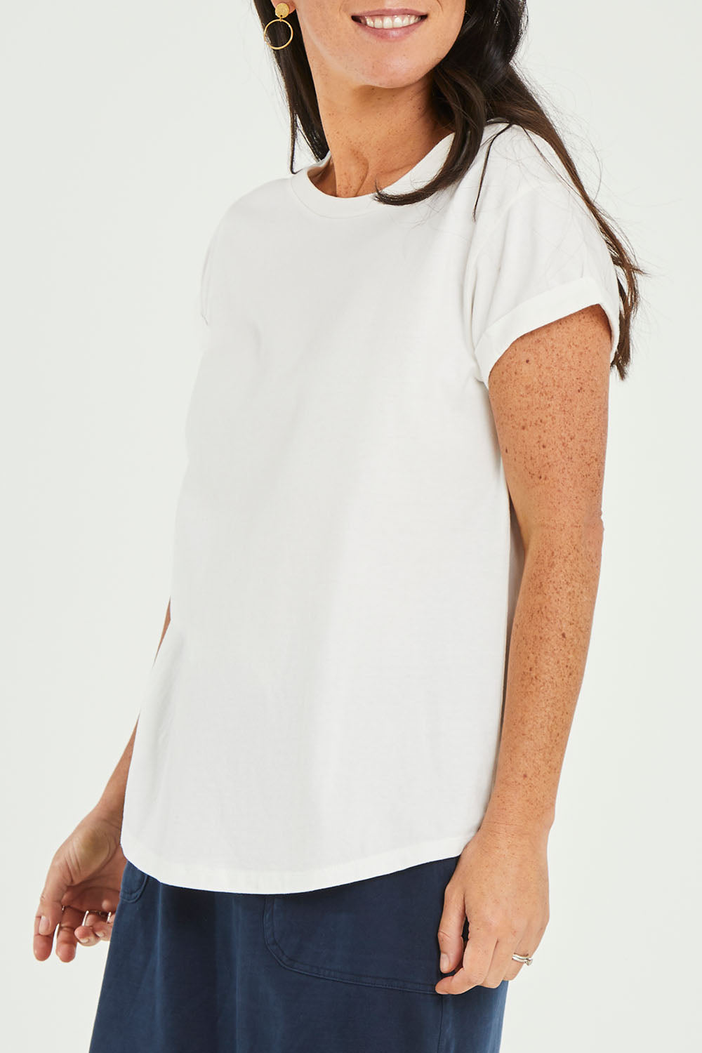 Model Katie wearing size 10 of the Elements Manly Cotton Tee in colour White (White), from the front, cropped image