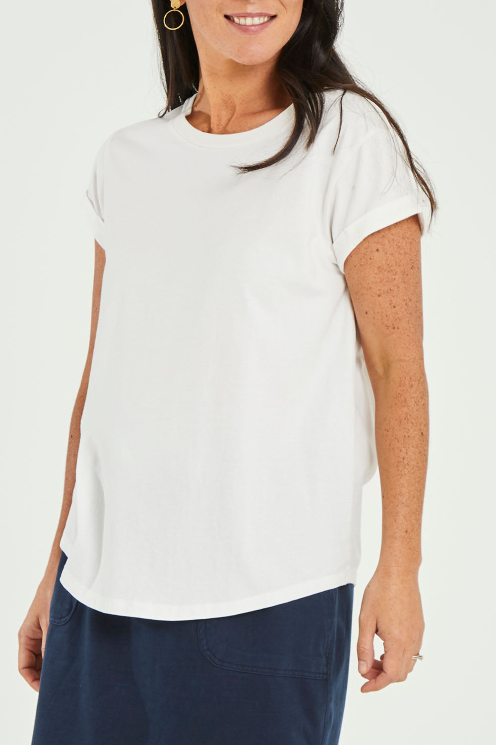 Model Katie wearing size 10 of the Elements Manly Cotton Tee in colour White (White), from the front, cropped image