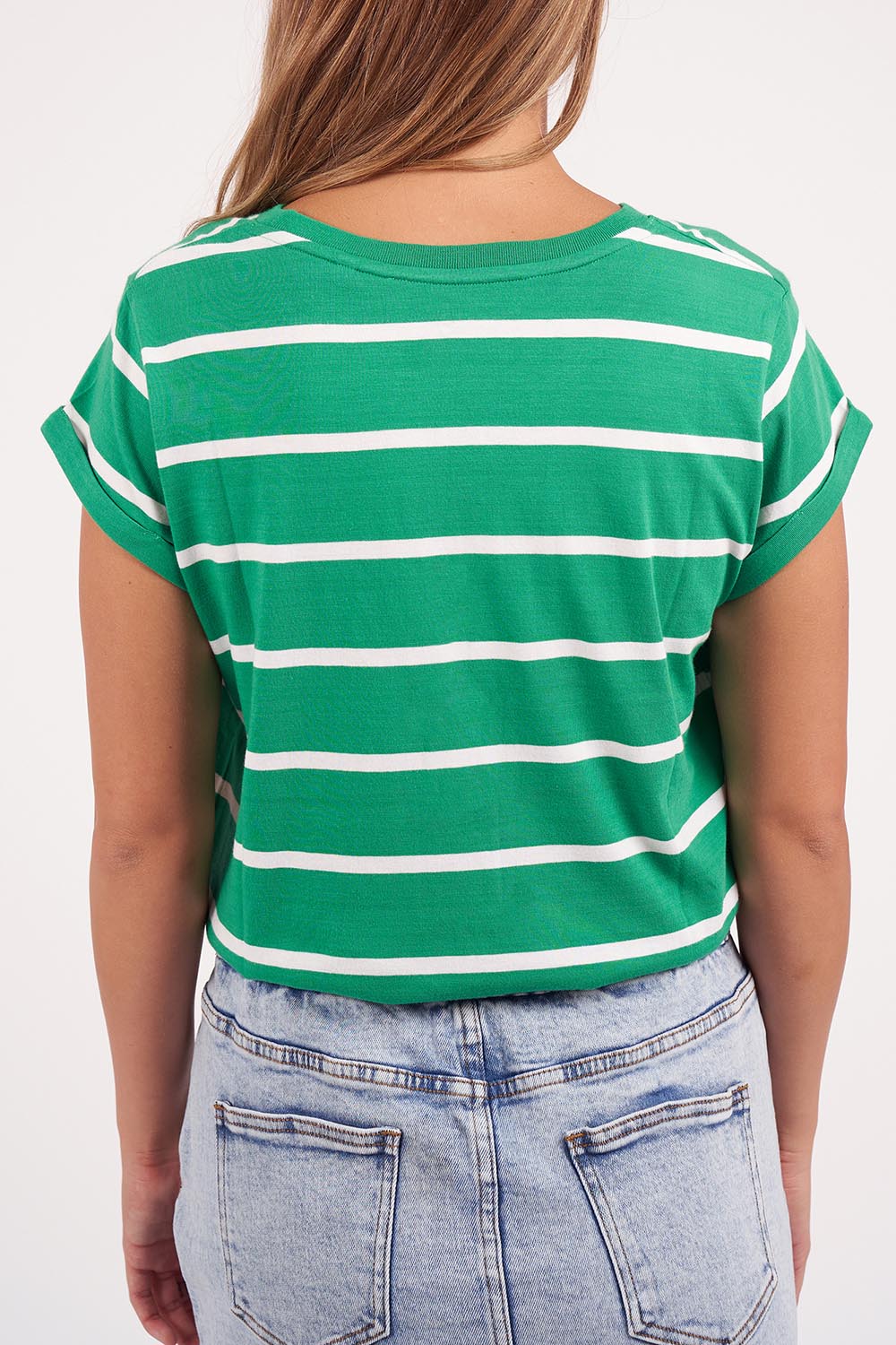 A model wearing the Elements Manly Stripe Cotton Tee in colour Greenwhite (Green), from the back