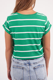 A model wearing the Elements Manly Stripe Cotton Tee in colour Greenwhite (Green), from the back