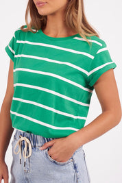 A model wearing the Elements Manly Stripe Cotton Tee in colour Greenwhite (Green), from the front, cropped image