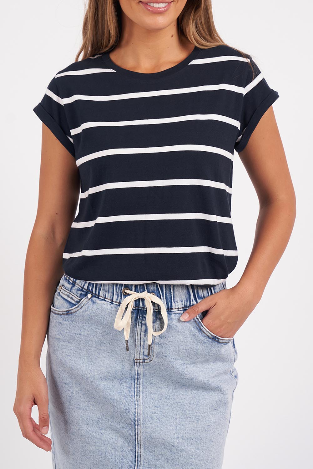 A model wearing the Elements Manly Stripe Cotton Tee in colour Navywhite (Blue), from the front, cropped image