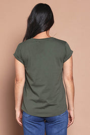 Model Katie wearing size 8 of the Elements Manly Cotton Vee Tee in colour Khaki (Green), from the back