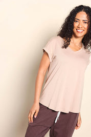 Model Pamelar wearing size 10 of the Elements Manly Cotton Vee Tee - Oat in colour Oat, in a cropped view